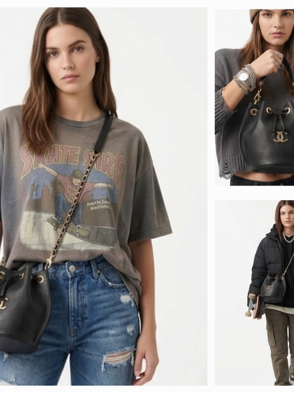Black Leather Drawstring Bucket Bag with Chain Strap - Picture 10 of 10